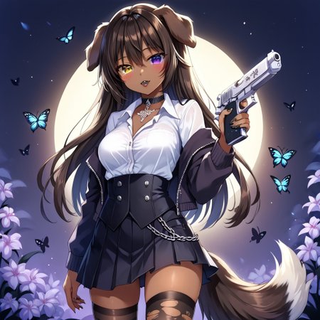 これがe4Pだとmasterpiece, best quality, score_9, score_8_up, score_7_up, score_6_up, score_5_up, score_4_up, source_anime,指定してネガティブは,Inumimi ,(Dark brown hair and fur),Dark skin,female,Whisker markings, white muzzle,(((droopy dog ears))),medium breasts, (Fluffy:1.2),paws,pawpads, dog tail,beautiful face, (extremely detailed eyes), ((purple_eye yellow_eye heterochromia:1.4)), sharp_fangs,fluffy, body fur, tuft,detailed fur, goth, skirt, chain, torn tights, goth boots, band shirt, choker, black lipstick, black eyeshadow, punk aesthetic,ho1ding-weap0n,holding pistol,akimbo, dual wield, black pistol, white pistol, solemn background, (white and black butterflies),