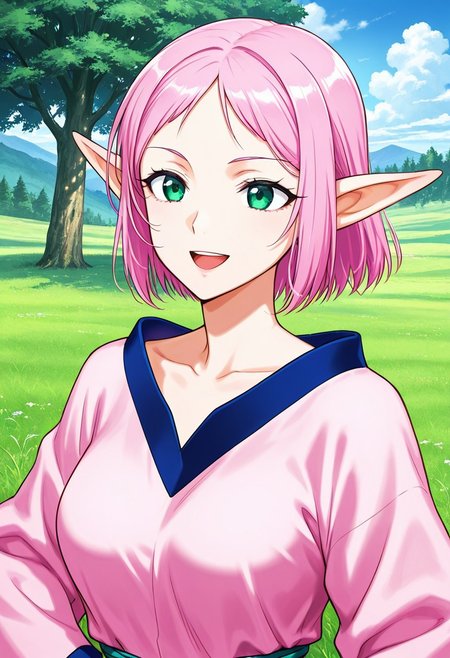 score_9,score_8_up,score_7_up,source_anime,5_figner,2d_animation,game cg,BREAK,1girl,solo,
ESUNA BUSY,elf,green eyes,pink hair,short hair,parted bangs,short bangs,pink dress,pointy ears,fantasy,long sleeves,robe,
medium breasts,smile,open mouth,upper body,
cloud,outdoor,grassland,tree,
masterpiece,best qualit,ultra-detailed,illustration,an extremely delicate and beautiful,beautiful detailed eyes,unity 8k wallpaper,high resolution,anime CG,official_art,
