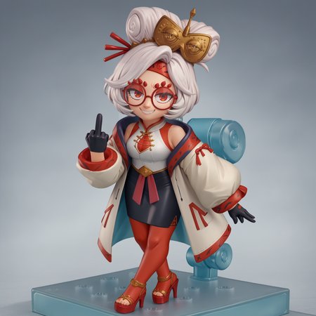 score_9, score_8_up, score_7_up, faux figurine, nendoroid, full body, figure, platform, solo, <lora:Nendoroid_pdxl_Incrs_v1:1>, <lora:purah-pdxl-nvwls-v1:0.8> purah, hair ornament, red headband, red glasses, sleeveless shirt, white coat, black skirt, red leggings, gloves, high heels, leaning forward, smirk, middle finger,