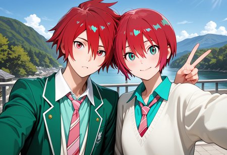 masterpiece, best quality, amazing quality, absurdres, newest, detailed background, definition so sharp, Ultra-HD, 8K cinematic, very awa, impressionate, amazing quality, highres, 
duo, couple focus, different high, different size, side by side, v, selfie, upper body, day, blue sky, outdoor, 
BREAK
(1boy, kagayakibishounen, takuto_red eyes, takuto,red hair, short hair, takuto_school uniform, green blazer, white collared shirt, pink tie),
BREAK
(1girl, amate yuzuriha,aqua shirt,striped necktie,white sweater,),