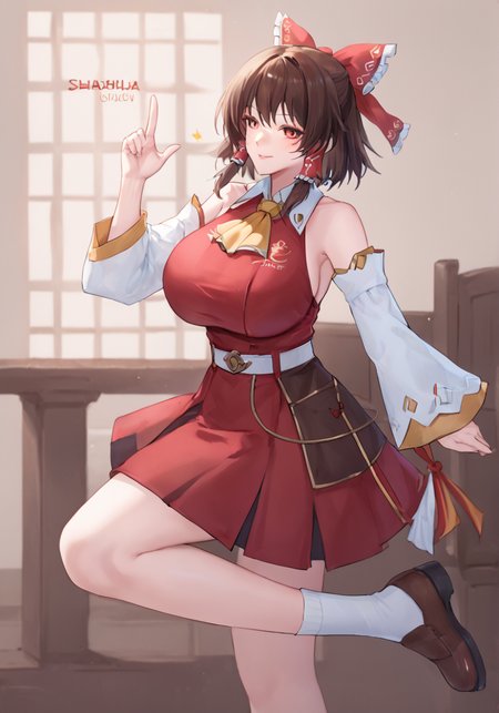 1girl, hakurei reimu, huge breast, animal hands, arm up, ascot, bare shoulders, belt, black eyes, blush, bow, brown footwear, brown hair, chibi, closed mouth, collar, collared shirt, copyright name, detached sleeves, gohei, hair ornament, hair tubes, hands up, leg up, long sleeves, looking to the side, pointing, red bow, red eyes, red shirt, red skirt, ribbon-trimmed sleeves, ribbon trim, shadow, shirt, shoes, short hair, skirt, smile, socks, solo, standing, standing on one leg, white belt, white sleeves, white socks, wide sleeves, yellow ascot, handfixer,zPDXL3<lora:Breast Slider - Pony_alpha1.0_rank4_noxattn_last:3> <lora:HandFixer_pdxl_Incrs_v1:1>    <lora:RH_OG:1>