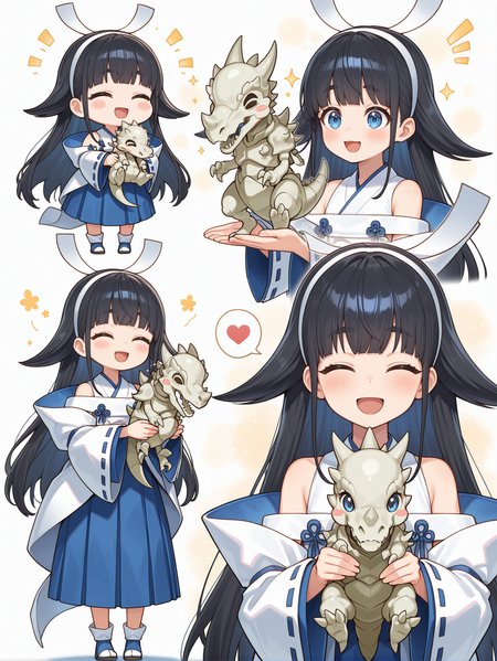 shinonome the vaylantz priestess,1girl,chibi,holding animal,heart,smile,blush stickers,spoken heart,spoken musical note,hand on another's head,brush,brushing hair,closed eyes,blush,open mouth,thick eyebrows,:d,multiple views,looking at viewer,white hairband,white ribbon-trimmed sleeves,white sleeveless kimono,blue hakama skirt,white tabi,blue sandals,white breast curtain,fossil dyna pachycephalo,1other,white background,simple background,dinosaur skeleton,
masterpiece,best quality,amazing quality,very aesthetic,absurdres,newest,scenery,extreme detail,8k,light particles,soft lighting,volumetric lighting,intricate details,finely detailed,detailed eyes,<lora:Shinonome the Vaylantz Priestess illusXL v1.1:0.75>,