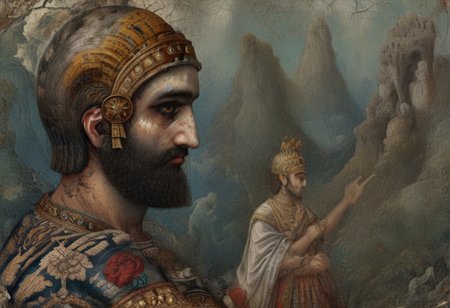 He changed his mind about all the settlements whose sanctuaries were in ruins and the population of the land of Sumer and Akkad who had become like corpses, and took pity on them. 
He inspected and checked all the countries, seeking for the upright king of his choice. 
style of Qajar art, FastNegativeV2, green eyes, blue eyes, brown eyes, perfecteyes