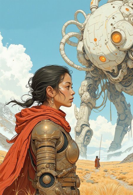 A young woman mercenary in armour and manly sunglasses stands next to a white mecha on the steppes plain,  blue sky, red cloak, complimentary colours, painterly, illustration, hyp3rd3tail style