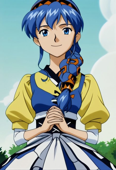 score_7, high_resolution, hyper_detail, finely_detailed,anime_screencap, traditional_media,detailed face,luna noa, 1girl, solo, blue hair, blue eyes,dress, hair over shoulder, long hair, looking at viewer, hairband, own hands together, smile, braid, own hands clasped
