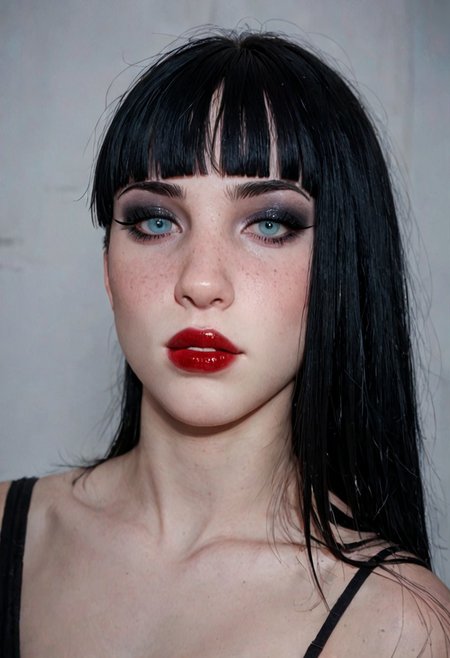score_9, score_8_up, score_7_up, score_6_up, score_5_up, score_4_up, BREAK, RAW, horsefaced, teeth, medium_shot, 1girl, portrait of a beautiful goth, Horsefaced, black hair, black bangs, Blunt bangs paired with shoulder-length hair, pale skin, red lips, cute, eyeliner, makeup, seductive stare, tired eyes, upturned eyes, eyelashes, bangs covering forehead, long face, rectangle head, long nose, Goth Girl, looking at viewer, shelly duval, subtle smile, visible teeth, chubby cheeks, oval jawline, hair covering forehead, young woman