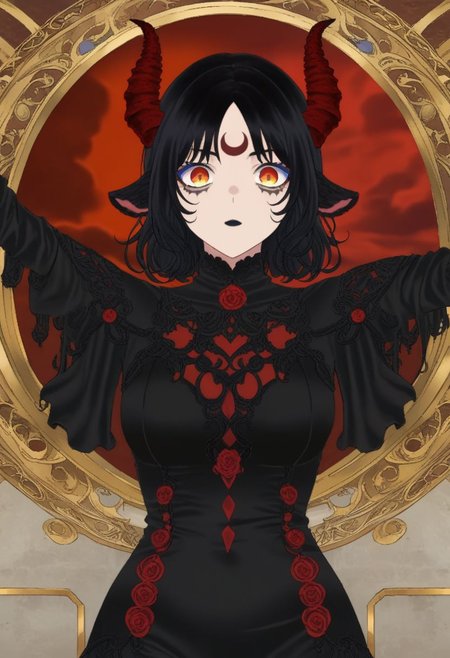 red moon mark on forehead, jet black hair, orange eyes, black goat ears only, red goat horns, medium hair, orange eyes, blue eyeliner, no human ears, mark on face, gray marks below eyes, (gothic noir , Classicism Art but extremely beautiful:1.4), (intricate details, masterpiece, best quality:1.4) , Conceptual Art, reference illustration, concept art, dynamic pose , looking at viewer, niji style,  <lora:add-detail-xl:1> <lora:xl_more_art-full_v1:0.5> <lora:looking_at_viewer:2> <lora:M_niji_XL:0.7>