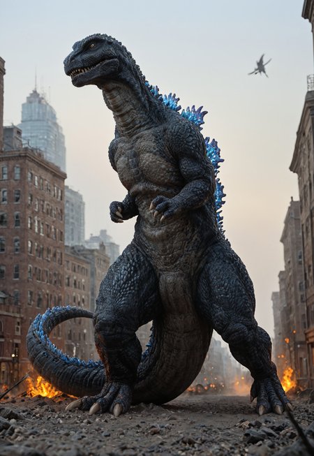 score_9, score_8_up, score_7_up, solo, 1man, giant dinosaur zilla_1998, sharp teeth, spines, blue spines, feral, realistic scales, detailed scale texture, solo, size difference, german village, solo, outdoors, city, city of fire, solo,furry male, solo, plantigrade, full body, solo, cinematic setting, extremely detailed, Macro detailed realism style photograph, 3DMM