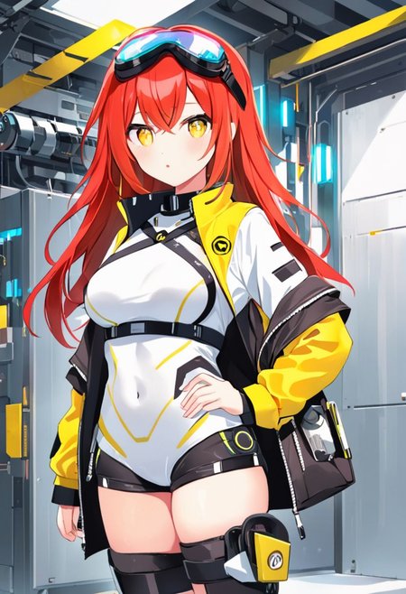 Best quality, masterpiece, sci-fi factory, one petit mechanic girl with round pert breasts, standing still, hands on hips, adorable deep red long loose hair, adorable smooth face, bright yellow eyes, mechanical goggles, black leather jacket with white shirt, slim waist, thick clavicle, thick pelvis, white very short booty shorts, thick hips, thick thighs, long boots