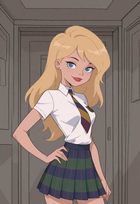 masterpiece, best quality, amazing quality, very aesthetic, absurdres, newest, 1girl, solo, indoors, looking at viewer, RS2SDXL, Human Female, Blue Eyes, Blonde Hair, Long Hair, Lips, Red Lips, Lips, Red Lips, Blue Eyes, Long Hair, cowboy shot, hand on hip, smile, earrings, stud earrings, School Uniform, White Shirt, Collared Shirt, Short Sleeves, Necktie, Striped Necktie, Skirt, Plaid Skirt