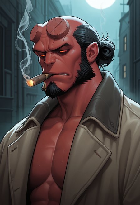 masterpiece, best quality, amazing quality, solo, 1boy, HellboyHB, Coat, upper body, smoking, cigar