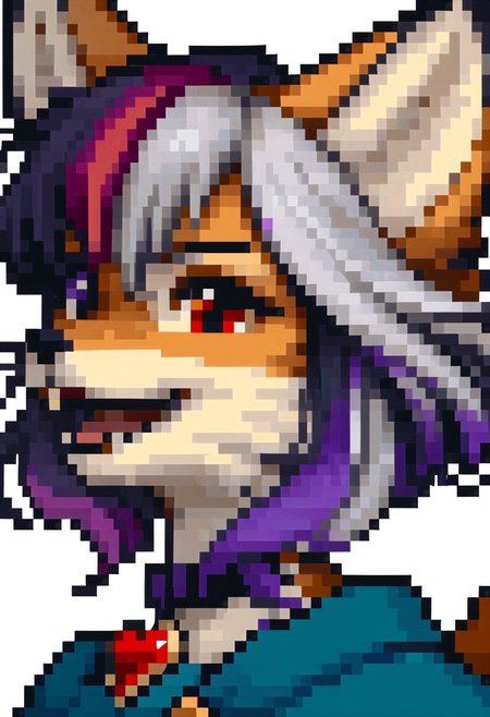score_9, score_8_up, score_7_up, source_furry, fe4portraits, portrait, white background, pixel art,   source_furry, fox girl, sfxm, anthro, female furry, fox, fox tail, fox ears, body fur, fluffy, paws, tunic, cape, scarf, heart-shaped pendant,  bandages, red eyes, open mouth, fangs, (red hair, (violet highlights:2)),