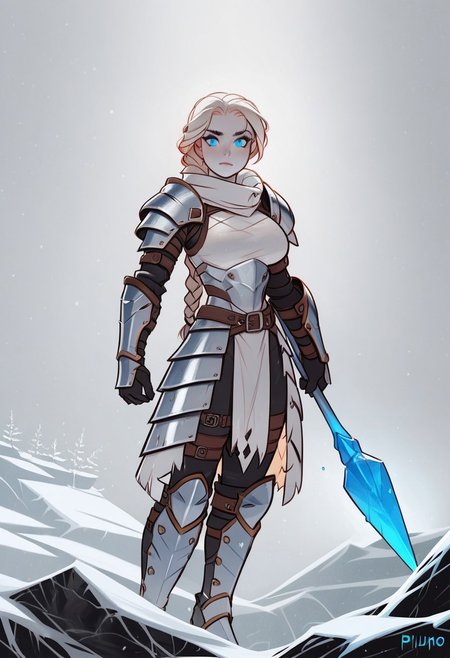 (score_9, score_8_up, score_7_up), tlu, rating_safe,ph1lt0m4t0,3m0t3,
(1girl, solo, imposing valkyrie warrior), ice-blue eyes, athletic body type, large breasts, pale skin with battle scars, fierce expression, long braided hair with metal clasps, platinum blonde hair, heavy fur-lined armor with steel accents, standing on a snow-covered cliff, icy mountain background, gripping a frost-tipped spear, faint winter mist, cold blue light.