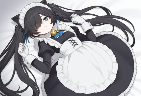 (Maid-kasli), solo, white gloves, dress, hair over one eye, maid apron, blue eyes, twintails, cat ears, maid headdress, maid, gloves, 1girl, apron, juliet sleeves, long sleeves, long hair, black hair, animal ears, bell,(Fall down),
