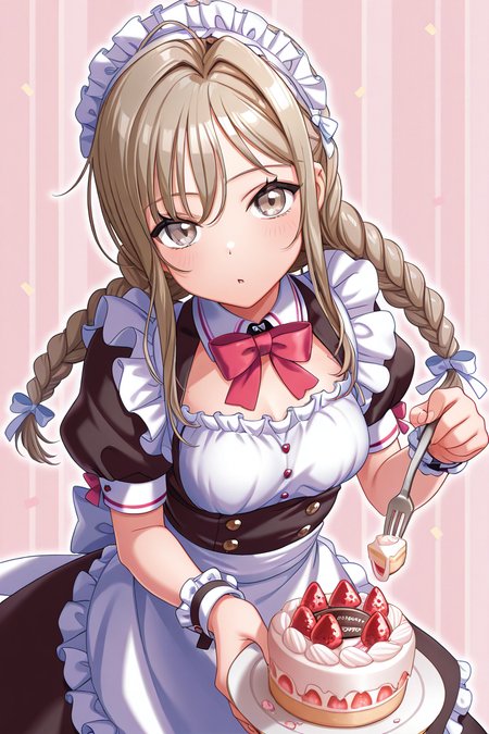 masterpiece, best quality, amazing quality,
 <lora:HayateV2_IL:1> hayate, food, cake, braid, solo, apron, fruit, maid, holding, bow, dress, frills, fork, maid headdress, twin braids, looking at viewer, short sleeves, strawberry