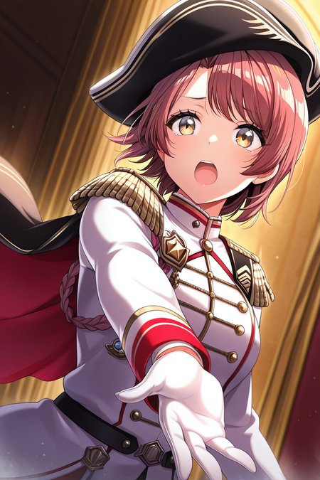 masterpiece, best quality, amazing quality,
 <lora:Haruna_IL:1> haruna, 1girl, hat, solo, epaulettes, gloves, open mouth, yellow eyes, long sleeves, upper body, short hair, cape, braid, outstretched arm, uniform, bangs