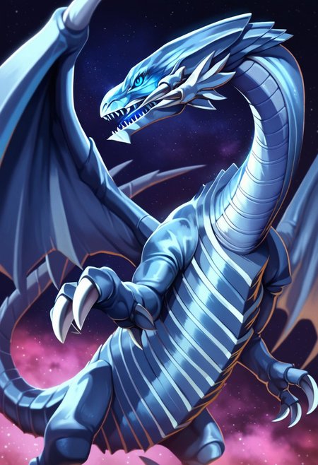 score_9_up, score_8_up, score_7_up, score_6_up, bewd, blue-eyes white dragon, dragon, giant dragon, silver metal scales, metallic scales, realistic metal scales, scaly body, polished scales, reflective metal scales, segmented body, claws, wings, dragon wings, blue eyes, (glowing blue eyes), (Cosmic background)