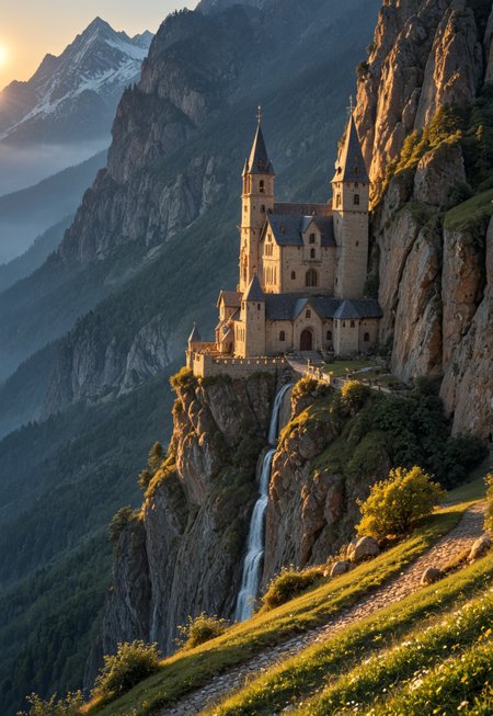 a small medieval monastery standing on a small island in a mountain lake,
early morning, thick fog envelops island, bright orange sun-ray falling on monastery wall,
BREAK,
BEST QUALITY, MASTERPIECE, HIGHLY-DETAILED, HIGH-RES, 4K, 8K, RAW,
SHARP FOCUS, INTRICATE DETAILS,
 (8k uhd:1,4)
 <lora:add-detail-xl:1>
 <lora:Dynamic Poses:1>