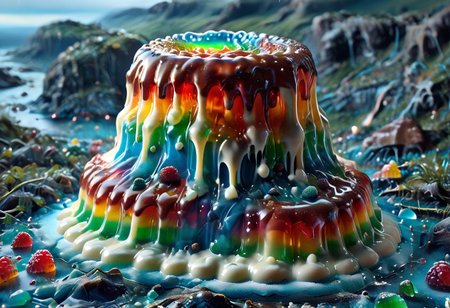 high quality, (Domination of the blue color:2), Jellystyle, stone bridge<lora:bad_prompt_version2-neg:1> <lora:By bad artist -neg:1>  <lora:Jelly_Style:1> (rainbow color grading:1.5). (Icing milk:2). (Sugar coating :1). berry made of jelly. River of milk. ais-chocsauce Mountains. Crystallized Sugar Rain. The floor is covered with honey. Multi-colored Jellystyle bears.
(Fish) Made of gum with glowing precious stones is shown into the jello realm. From the right of the frame, the Jellystyle cat.
CastleBreizh XL Mk8 on the left.
Asymetric composition, dynamic pose, field of depth, grass in the foreground. Close-up view from below.