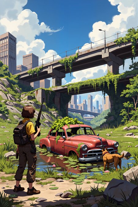 a post-apocalyptic scene. The image showcases a rugged, overgrown landscape with remnants of urban decay. In the foreground, a woman with short brown hair stands to the left, wearing a yellow shirt, brown pants, and a backpack. She holds a rifle and gazes out at the scene, her stance suggesting vigilance. To her left, a large, brown dog with a black patch over one eye stands alert, its ears perked up.The middle ground features a rusted, abandoned car with its windows shattered, partially submerged in a shallow pond filled with water lilies. The car's red paint is peeling, revealing the metal beneath. Surrounding the pond is dense, wild vegetation, including tall grass and vines crawling over the car. In the background, an overpass bridge spans the scene, its concrete surface covered with lush green vines. Beyond the bridge, the remains of a cityscape are visible, with tall buildings partially obscured by the greenery. The sky above is a bright blue with fluffy white clouds, contrasting sharply with the desolate, post-apocalyptic environment below. The overall atmosphere is one of eerie beauty and resilience amidst decay. , detailed background  Fantastic lighting. Detailed shadows.intricate details, vivid colors, hyper-detailed, ultra-sharp, , <lora:XRSTYLE_FLUX:0.5><lora:RetroAnimeFluxV1:0.4><lora:MoriiMee_Gothic_Niji_Style_FLUX:0.3>