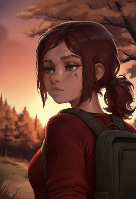 forbiddenstyle, masterpiece, best quality, solo,                                                                                                                                                                               ellie\(the last of us\), green eyes, ponytail, freckles,  eyebrow raised, wooded area, trees, backpack,,  red shirt, sunset, warm colors,