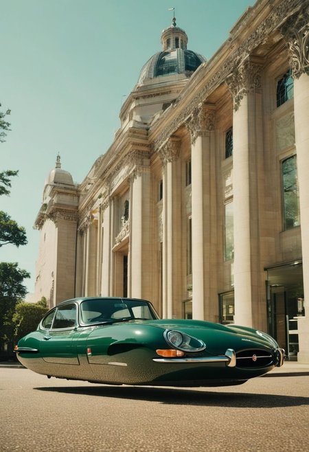 (low angle shot:1.4),dynamic angle, an editorial photo of a dark green Jaguar E-type style Hovering_Car parked in front of a library in the style of Art Deco architecture, highly detailed, clean lines, fine art photography, award winning photography, film grain