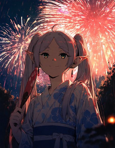 1girl, ahoge, blurry, blurry background, blurry foreground, depth of field, fireworks, floral print, hair ornament,holding, holding fan, japanese clothes, kimono, long hair, looking at sky, obi, outdoors, rain, smile, solo, special feeling \(meme\), twintails, upper body, very long hair, yukata,((paper fan)), wide angle, matsuri, japanese festival, character far, landscape
masterpiece,best quality,newest,very aesthetic,absurdres,very awa,highres,(yoneyama mai:0.4),(rella:0.3),(cutesexyrobutts:0.3),(rolua:0.4),newest,year 2024,year 2023,<lora:illustrious_noobai_epsilon_pred_1_masterpieces_v1:1>,<lora:ponyv4_noob1_2_adamW:0.7>,<lora:spo_sdxl_10ep_4k-data_lora_webui:0.8>, from front,
frieren,sousou_no_frieren,"frieren, sousou no frieren","1girl, green eyes, long hair, white hair, grey hair, twintails, parted bangs,
