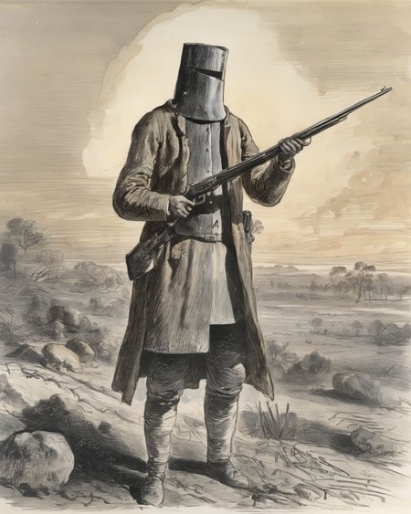 <lora:nedkelly_e10_r4_xl:0.8>,
nedkelly, a man in a battlefield, wearing trench coat, helmet, makeshift armor, lit by afternoon sun, 19th century australia, holding shotgun, from below, muted colors, charcoal,