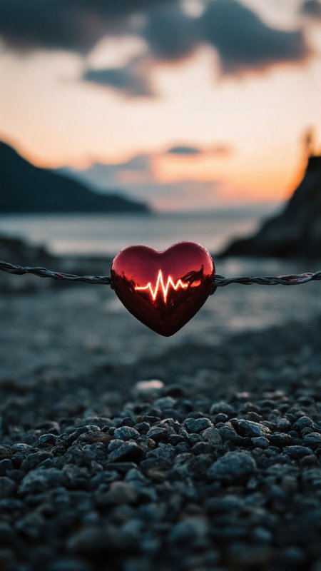 photograph capturing a heart-shaped object placed on a wire fence that runs horizontally across the image. The heart is a shiny, metallic red color, reflecting light, and is positioned centrally. It appears to be made of a smooth, polished material, giving it a glossy finish. The wire fence is slightly bent, with a zigzag line of light glowing within it, indicating a heartbeat. This light is bright and white, contrasting sharply with the dark background. The background features a blurred landscape of mountains and a body of water, likely a lake or sea, which is in shades of blue and green, suggesting a serene, natural setting. The foreground is composed of a textured, dark gray gravel surface, with the sun setting in the distance, casting a warm, golden glow across the scene. The overall mood of the photograph is calm and romantic, with the heart symbolizing love and the heartbeat suggesting life and vitality. The image uses a shallow depth of field, keeping the heart and wire in sharp focus while the background is softly blurred, drawing attention to the central subject.,aidmaimageupgrader, aidmaMJ6.1 <lora:aidmaMJ6.1-FLUX-v0.5:0.7> <lora:aidmaImageUprader-FLUX-v0.3:0.4>