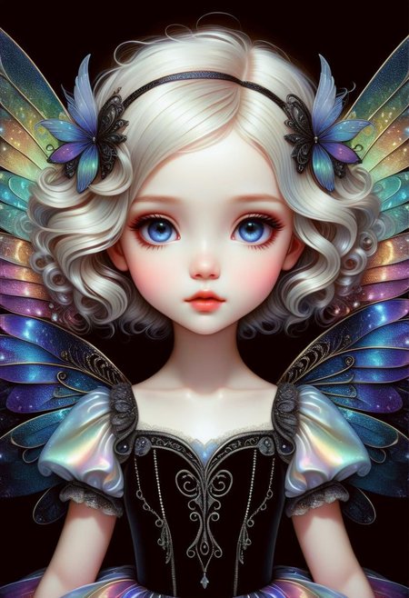 hyper detailed beautiful chibi sugar fairy, coherent delicate face, wavy luxurious hair, intricate iridescent wings, on black velvet canvas, centered composition, rule of thirds, drop shadowed, art by gorjuss, tim burton, margaret keane, charlie bowater, tom wood, keith garvey