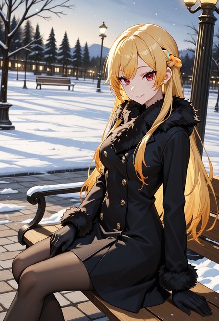 1girl, solo, anime coloring, anime artwork, unholy-aesthetic, masterpiece, best quality, newest, absurdres, highres, safe, CG, cinematic lighting, natural shadow, highest detail, detailed background, intricate scenery, depth of field, insane details, intricate, subsurface scattering, very aesthetic, serene atmosphere, artistic rendering, dramatic contrast, luminous elements, soft painterly texture, striking visual design, finely detailed face, beautiful face, dutch angle, cinematic angle, from side, 
looking at viewer, kind smile,
sitting, sitting on bench,
park, tree, lamp post, snow, cobblestone,
<lora:kaelaIL:0.45> kaelaIL, long hair, french braid, blonde hair, red eyes, tsurime,
<lora:VintageFurTrimCoatILL:0.8> fur trim, fur-trimmed coat, coat, pantyhose, gloves, fur-trimmed gloves, (black gloves:1.5)