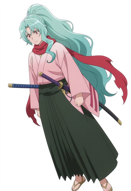 Smooth Quality,masterpiece, ultra realistic,
simple background, white background, 
dutch angle,horrified,
 <lora:Tomoecnn:0.8> sofia/cnn, 1girl, long hair, scarf, ponytail, red eyes, japanese clothes, katana, green hair, very long hair,sandals,