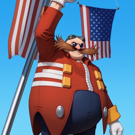 score_9,  score_7_up, BREAK,
eggman, gloves, white gloves, mustache, facial hair, eyewear, goggles, goggles on head, fat, fat man, bald, red clothes,
<lora:assassinationattemptv1:1>, assassinationattempt, american flag, flag, 1boy, blue sky, arm up, clenched hand, (blood on face), solo, pole,