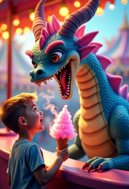 Happy adult Dragon in carnival booth with candy-colored sugar crystals scales and jaws wide open, (cotton candy is swirling out from dragon mouth:1.3) on a paper-cone, dragon looking at kid. a kid is holding up the paper-cone, kid looking at cotton candy. The kids eyes are wide open and his mouth open in disbelief. Carnival setting, mystical, vibrant. Realistic art, detailed. Digital painting, hyperrealism.