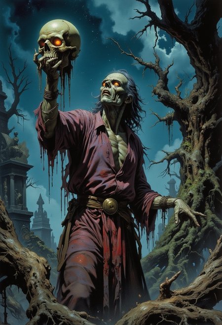 score_9, score_8_up, score_7_up, very detailed, ultra realistic, (best quality) very detailed masterpiece, full body portrait of a  ghoul-like zombie-like bold horror monster at a cemetary at night, decayed skin, neglected outfit, glowing eyes, holding a human skull in his claws, raising the skull up, looking up, insane facial expressure, gnarled tree in the background, old dilapidated graveyard, dramatic night sky, rembrandt style, vermeer style, low saturation,  photo realistic oil painting,