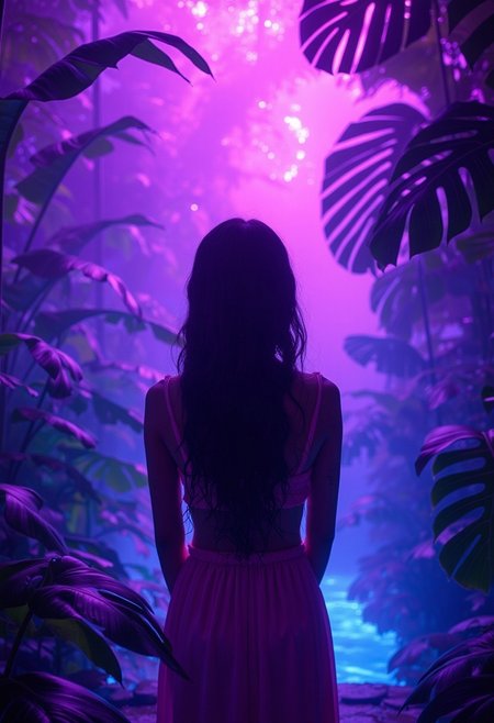 This is a digital illustration with a fantastical, dreamlike quality, depicting a serene, ethereal scene in a lush, tropical setting. The scene is bathed in a vibrant, neon-lit atmosphere with a mix of purples, blues, and pinks. A woman stands in the foreground, her back to the viewer, with long, wavy hair cascading down her back.