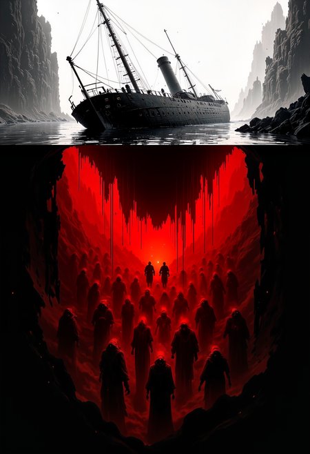A dark and sinister underwater scene depicts a descent into a watery abyss. The silhouettes of numerous figures, resembling the undead, fill the depths, creating a dense and unsettling atmosphere. Two protagonists move swiftly among these dark, indistinct figures in a dramatic top-down perspective. The figures below possess an almost ethereal, almost abstract quality; their forms are distorted and rendered as silhouettes. In the brightly lit upper section, a sinking ship—broken, split, dark, and shattered—lies on the surface, sinking headfirst, separating the clear upper world from the crimson underwater world. Shades of white, crimson, and stark black dominate the color palette, symbolizing the darkness and danger of the scene. The descent into the depths is depicted through a wide perspective, emphasizing the scale of the environment. High-contrast lighting accentuates the silhouettes and the bright, sinister red hues. The atmosphere is intense, eerie, and melancholic; a sense of impending doom hangs over the surface. The style evokes a dark fantasy painting or a graphic novel illustration. The image uses stark contrast and dynamic composition to amplify the sinister tones. The artistic emphasis is on atmosphere and emotional impact, rather than realistic representation.
