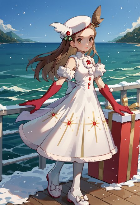 score_9, score_7_up, source_anime, BREAK light smile, ocean, solo, snowing,  <lora:Jasmine:1> J4SM1N3, brown hair, long hair, pigtails, brown eyes,  Hair tie, Christmas, white headwear, sleeveless white dress, detached sleeves, red gloves, elbow gloves, white pantyhose, shoes, white footwear,
