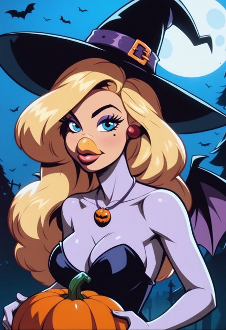 Goldie, big hair, beak, bird girl, solo, blonde hair,bird  girl,blue eyes, long hair,beak,1girl, witch hat, hat, jewelry, breasts, jack-o'-lantern, bat \(animal\), cleavage, moon, solo, halloween, necklace, witch,blonde hair, night, long hair, tree, full moon, pumpkin,blue eyes,blue eyes, looking at viewer, bare tree, lips, outdoors, black headwear, medium breasts, makeup, upper body, sky, mole,mole under eye, night sky 
score_9, score_8_up, score_7_up, score_6_up <lora:GoldieRockaPony1.0:0.8>