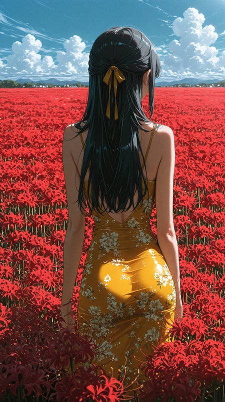 1girl, solo, from behind, black hair, half updo, long hair, hair ribbon, bodycon, yellow dress, floral print, , flower field, (spider lily field), sunny day, blue sky, clouds, natural lighting, shading, outdoors, lens flar,           
masterpiece, best quality, amazing quality, very aesthetic, absurdres, newest, scenery, anime coloring, flat color