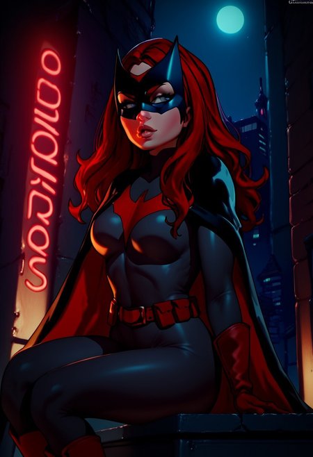 score_9, score_8_up, score_8, on rooftop, highrise, neon , night, b4twoman, 1girl, solo, red hair, gloves, long hair, mask, cape, bodysuit, utility belt, boots, thick eyebrows,expressive, pouty lips, classy, elegant,desiring, cute,