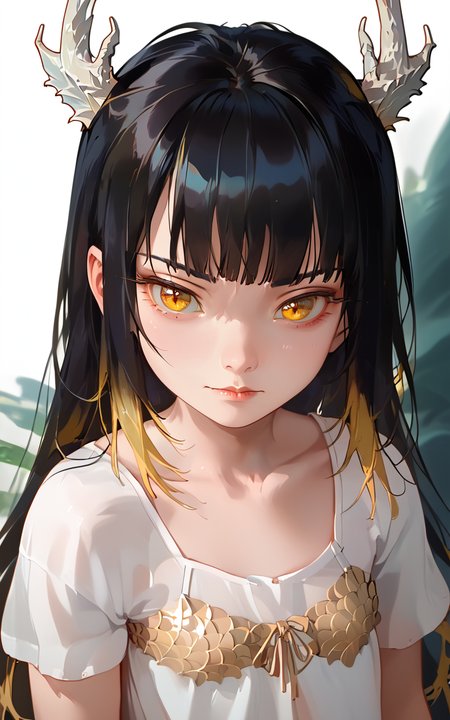 score_9,score_8_up,score_7_up,
<lora:drzhiguiPony3:1>,dragongirl,solo,scale,1girl,black hair,yellow eyes,horns,fish scale,antlers,looking at viewer,upper body,long hair,bangs,pale skin,lips,closed mouth,blunt bangs,collarbone,dragon horns,Child,Gradient hair color,dark background,(child:1.3),petite,chibi,kawaii,round face,<lora:v6:0.9>,(babydoll t-shirt:1.4),