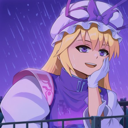 score_9, uncensored, source_anime
BREAK
1girl, purple hologram, glitch, holographic, glowing, yakumo yukari, hat, purple eyes, blonde hair, solo, mob cap, purple background, hat ribbon, open mouth, long hair, gloves, hand on own face, dress, smile, ribbon, tabard, long sleeves, upper body, white gloves, bow, hand on own cheek, teeth, white dress, railing, puffy sleeves, night, rain, neon, cyberpunk, hologram
<lora:duhota_v4-1_adafactor:1> <lora:hologram_v1_0:1>