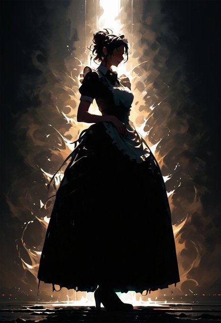 score_9, score_8_up, score_8, 
1girl, solo, female, woman
maid, french maid, backlit, messy hairbun, 
full body, 
blend_in. black background,