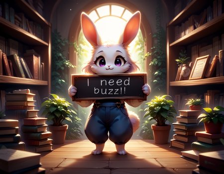 score_9, score_8_up, score_7_up, score_6_up, score_5_up, score_4_up, source_furry, rating_safe, a bunny girl in overalls in the library holding a sign that says "Buzz, please?", purple and white fur, furry, cute, books, plants, clock, god rays,need_buzz, holding sign  <lora:need_buzz_sign_pony.safetensors:1.0> <lora:sd_xl_offset_example-lora_1.0.safetensors:1.0> <lora:Pony_QualityV4.0.safetensors:1.0>