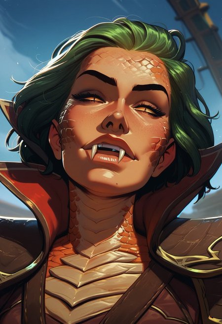 score_9, score_8_up, score_8, score_7_up, score_7, score_6_up, score_6, score_5_up, beautiful woman, (snake eyes, scales, fangs, evil look:1.2),  (scales, scales on face:1.3), evil look, armor, tan skin with a green tint, vox machine style, 1girl, female focus, solo, close up portrait , fantasy, sky background, (dynamic lighting:1.1)
((masterpiece))