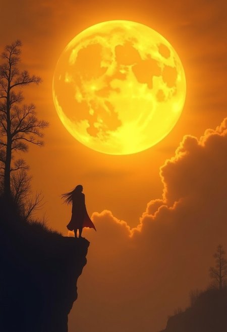 Ultra-high resolution, Hyper-detailed landscape fantasy artwork, A lone figure standing on a cliff, gazing at an enormous golden full moon, Soft glowing clouds and a dreamy, warm color palette of orange and gold, Silhouetted trees framing the scene, adding depth and perspective, Gentle lighting creating a serene and magical atmosphere, The figure's hair and cloak flowing softly in the breeze, Evoking wonder and tranquility, (Wanderer under a golden moon:1.5)