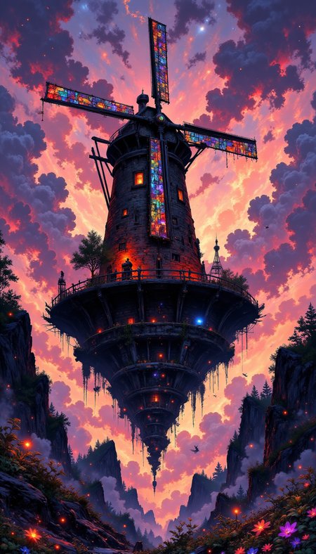 aidmamj6.1, pinkdarkcanvas, (bo-exporure, double exposure: 1.1), 
A surreal windmill standing alone on a floating island, its blades made of luminous stained glass that shimmer in the twilight. The sky is a blend of deep purples and fiery oranges, with swirling clouds moving in unnatural patterns. Tiny glowing fireflies dance near the windmill, creating a mystical aura. The ground is covered in bioluminescent flowers that pulse gently with light. A dreamlike, fantasy-inspired scene with intricate details and a painterly, ethereal atmosphere