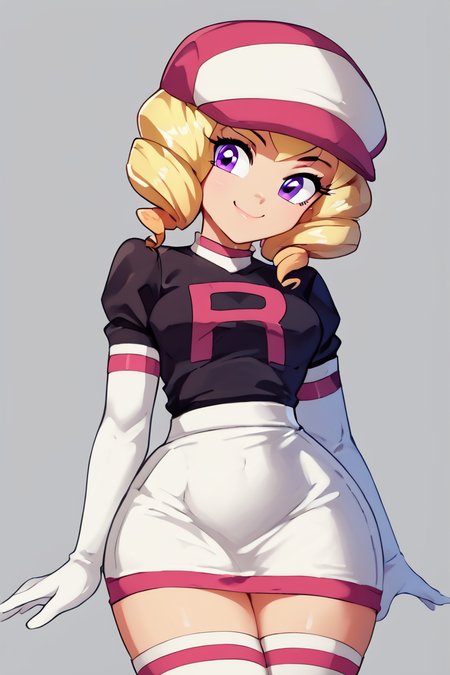 score_9, score_8_up, score_8, medium breasts, (curvy), cute, eyelashes,       BREAK, , zzDomino, purple eyes, blonde hair, drill hair, team rocket, white hat, black shirt, white skirt, white gloves, white thighhighs, <lora:Domino_Pokemon_PDXL:1.0>,  , BREAK, looking at viewer,  smile, upper body, leaning forward, head tilt,  embedding:zPDXL, Expressiveh, <lora:theButcherXPDXL:1.0>, <lora:CatalystStylePDXL:0.6>,  <lora:SDXLFaeTastic2400:0.5>,  <lora:Expressive_H-000001:0.4>,