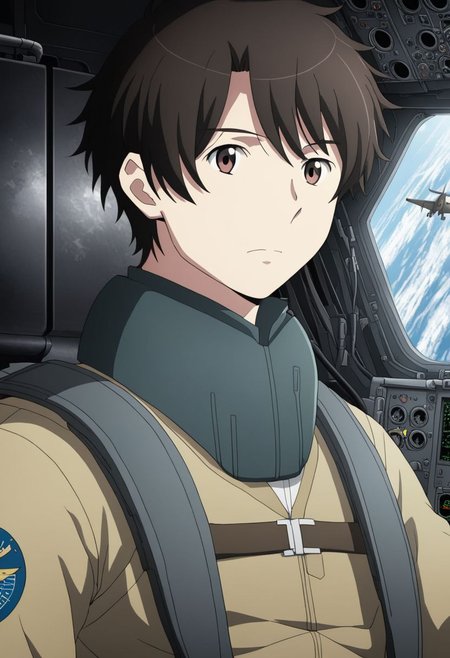 high resolution, solo, best quality, 1Boy, Inaho Kaizuka, Black Hair, Brown Eyes, Pilot, Fly, Jet, OverallDetail